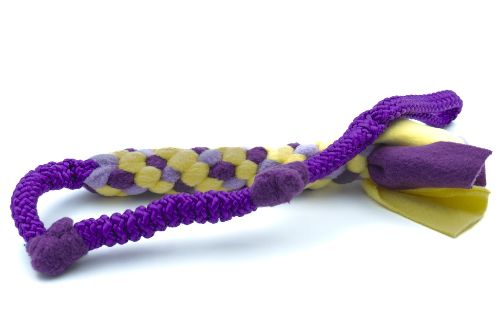 Een bungeetug voor honden met een hoge trekkracht met 12 mm PPM-touw in de kleur Acid Purple en fleece in de kleuren lavendel, paars en geel