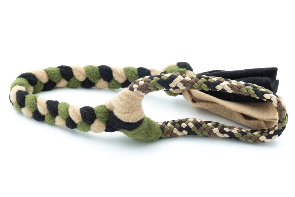 Gevlochten trektouw voor Boefjes en Boeven met PPM in de uitvoering Camouflage en fleece in de kleuren Zwart, Beige en Mosgroen