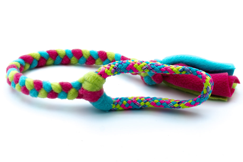 Gevlochten trektouw voor Boefjes en Boeven met PPM in de uitvoering Bubblegum en fleece in de kleuren Aqua, Fuchsia en Limegroen