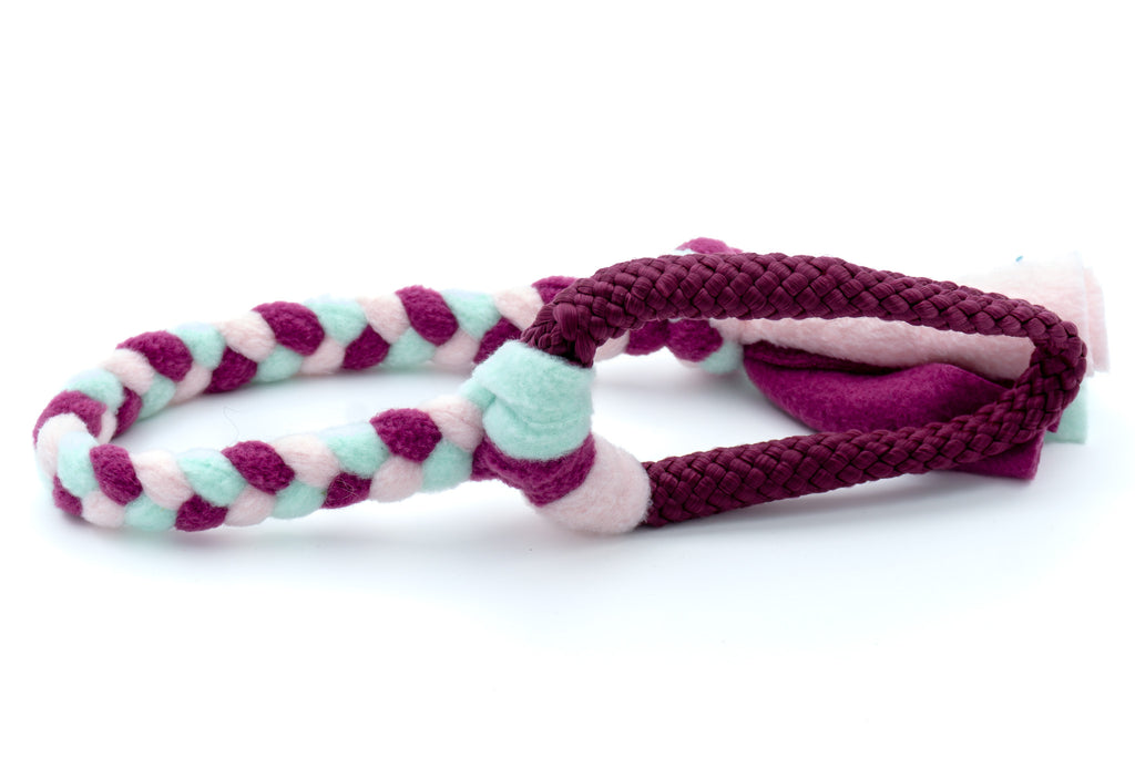 Gevlochten trektouw voor Boefjes en Boeven met PPM in de uitvoering Aubergine en fleece in de kleuren Cassis, Zacht Mint en Zacht Roze