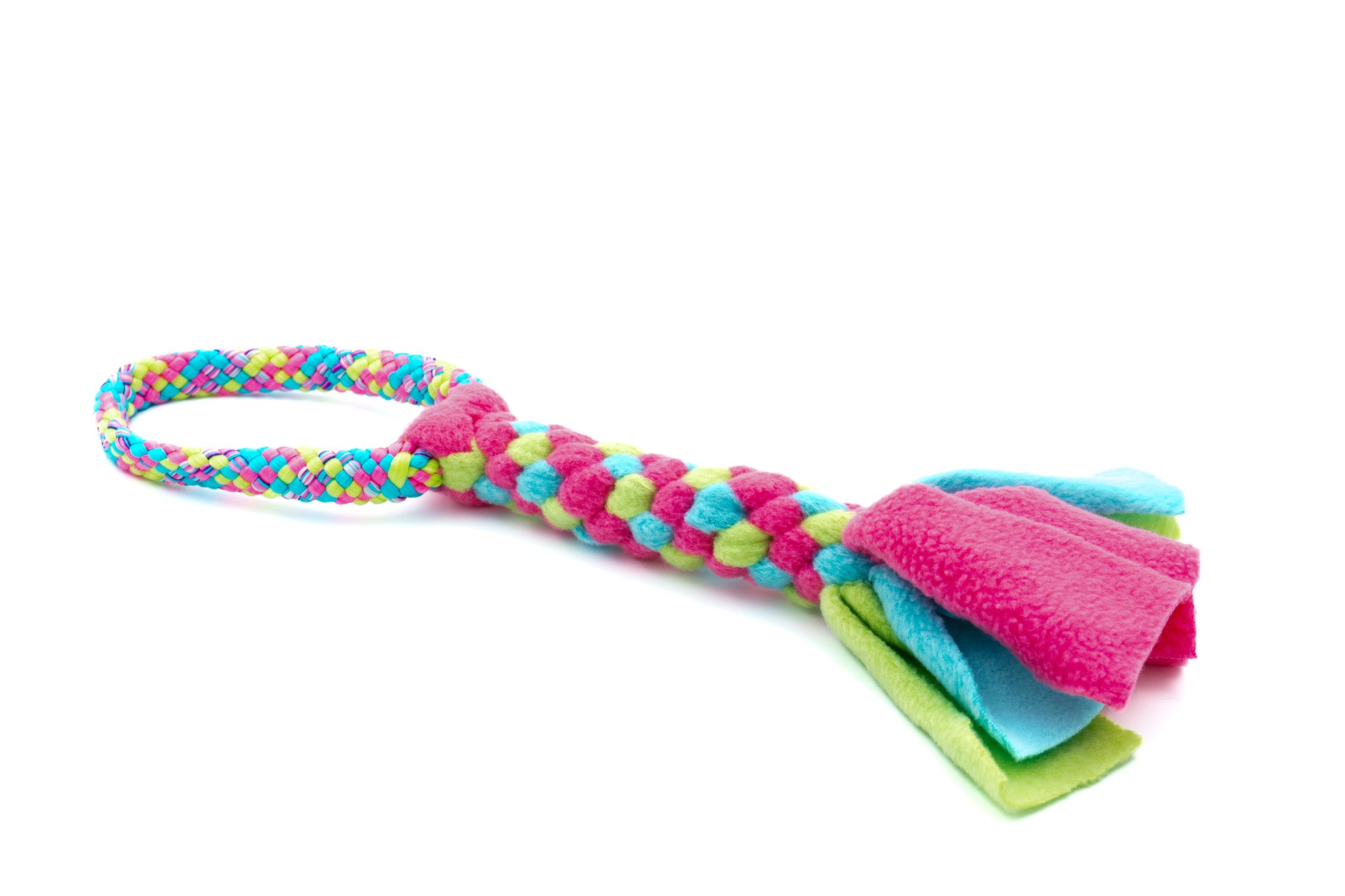 Hondenspeelgoed jaszakformaat met 12 mm PPM-touw in de kleur Bubblegum en fleece in de kleuren fuchsia, aqua en limegroen
