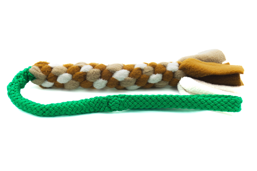 Krachtpatsertug met 12 mm PPM-touw in de kleur grasgroen en fleece in de kleuren donker oker, beige en champagne