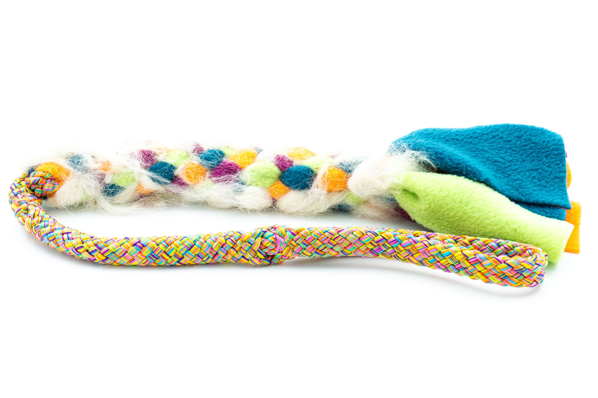 Trekspeelgoed voor grote of sterke honden met PPM in de uitvoering flowerpower en fleece in de kleuren donker petrol, oranje, limegroen en cassis met lichte schapenvacht