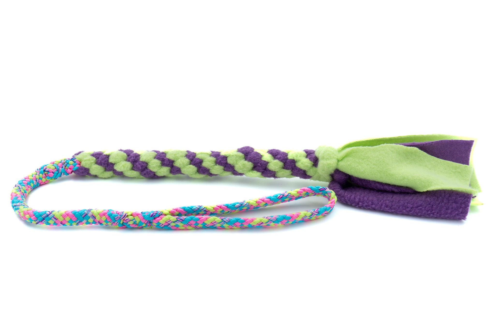Trektouw voor kleine honden - Boefjestug met 8mm PPM touw in de uitvoering bubblegum en fleece in de kleuren limegroen en paars 