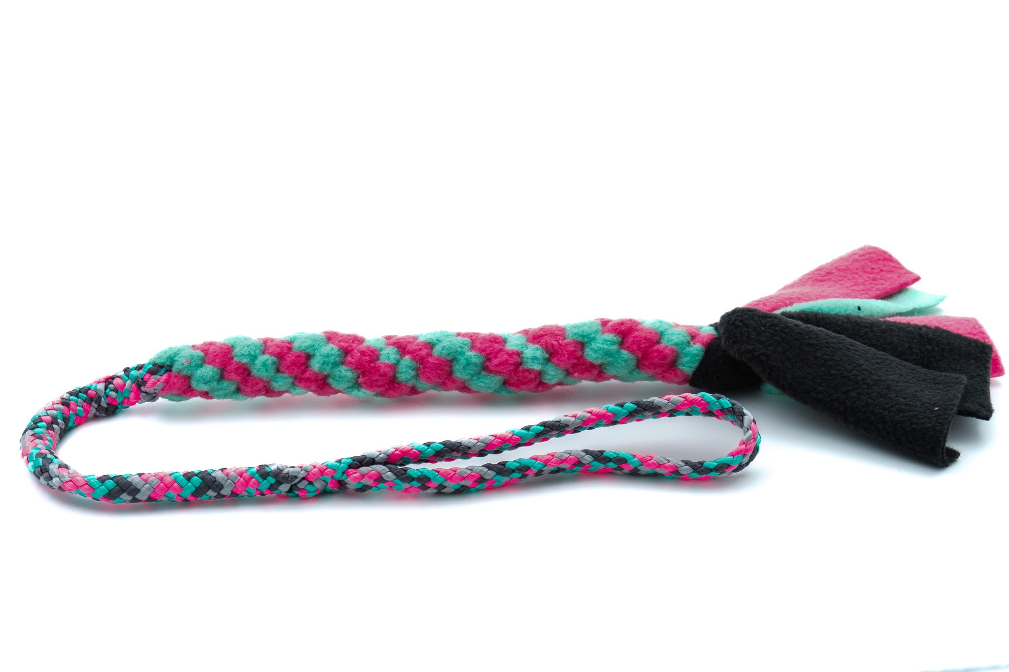 Trektouw voor kleine honden - Boefjestug met 8mm PPM touw in de uitvoering Arizona Green Tea en bijpassende fleece in de kleuren turquoise, fuchsia en antraciet 