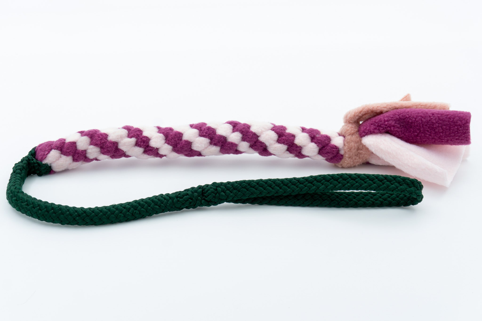 Trektouw voor kleine honden - Boefjestug met 8mm PPM touw in de kleur donkergroen en fleece in de kleuren cassis, zacht roze en zalm roze