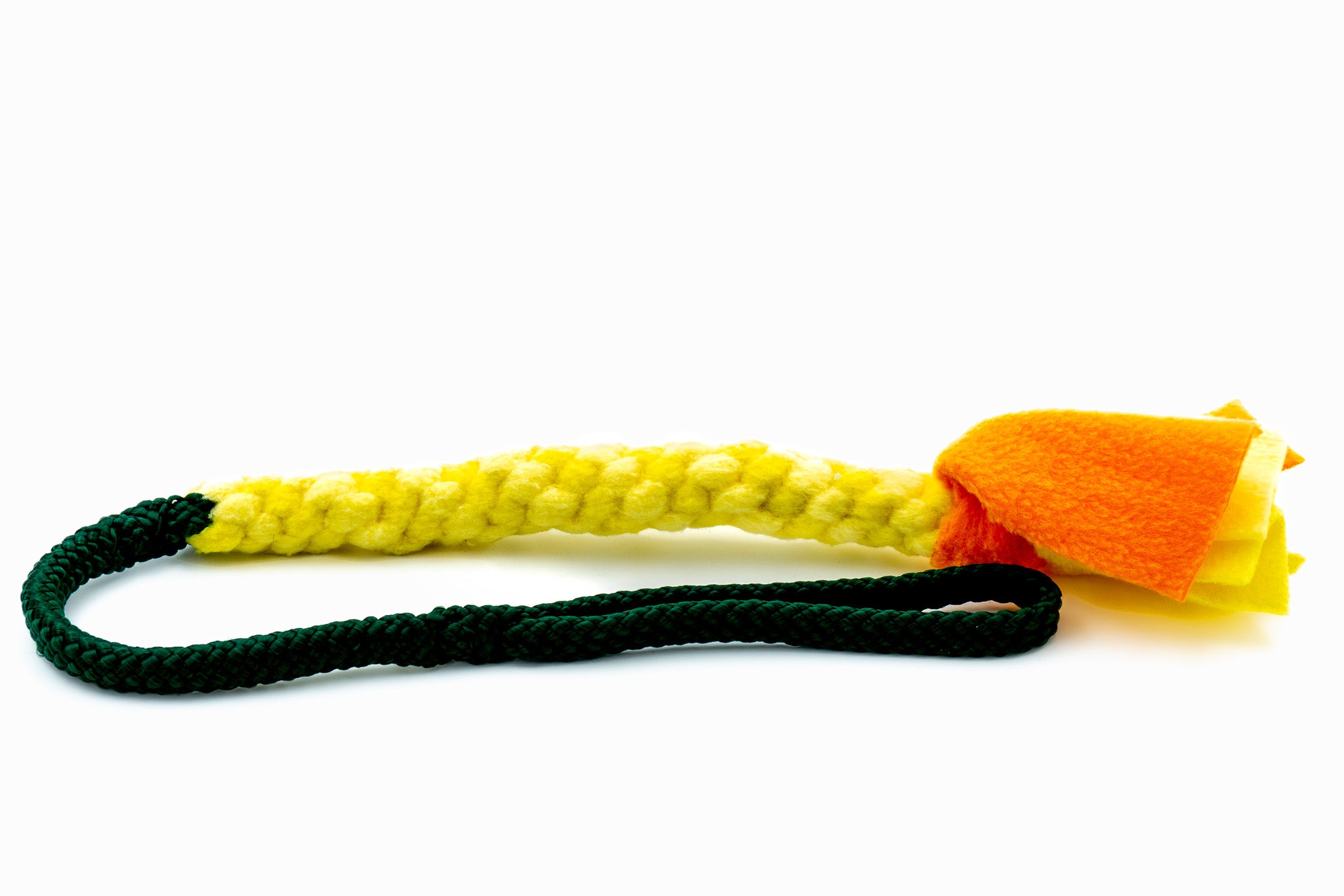 Trektouw voor kleine honden - Boefjestug met 8mm PPM touw in de kleur donkergroen en fleece in de kleuren geel, lichtgeel en oranje