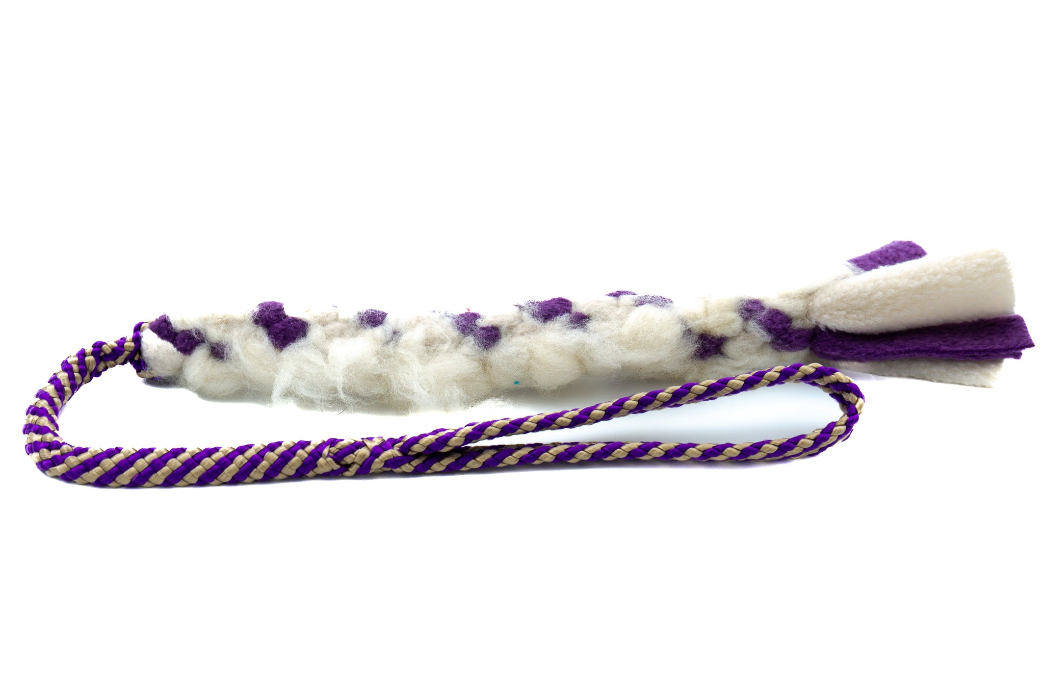 Trektouw voor kleine honden - Boefjestug met 8mm PPM touw in de kleuren champagne en paars en bijpassende fleece in de kleuren champagne en paars met lichte schapenvacht